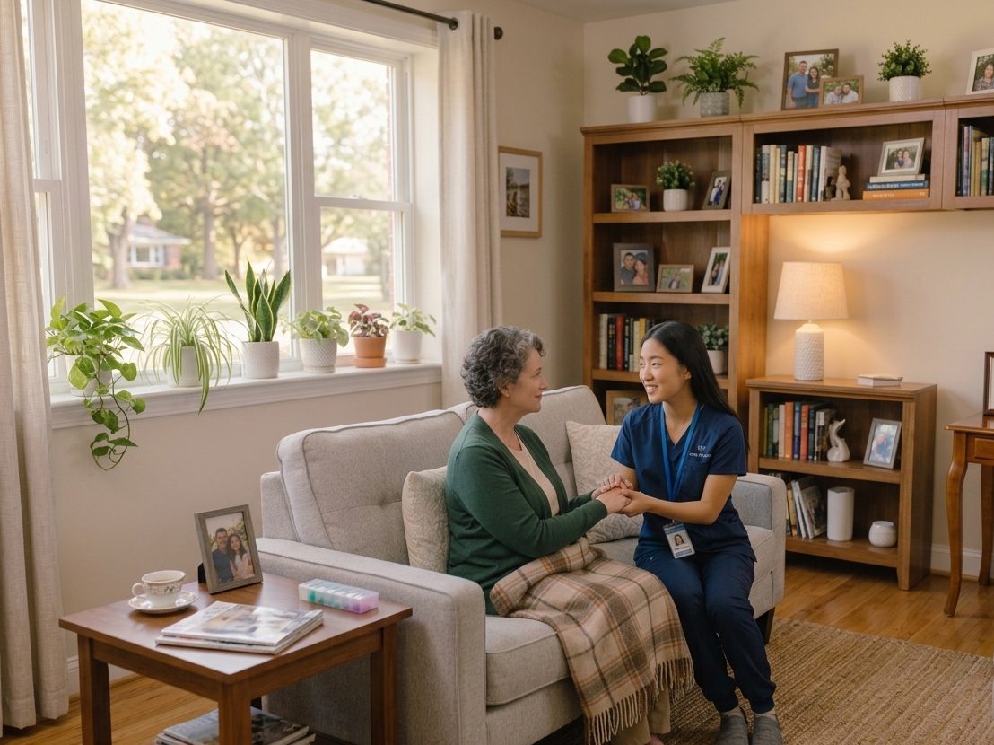 A caring caregiver from Divine Home Care assisting a smiling senior at home in Benton, Arkansas
